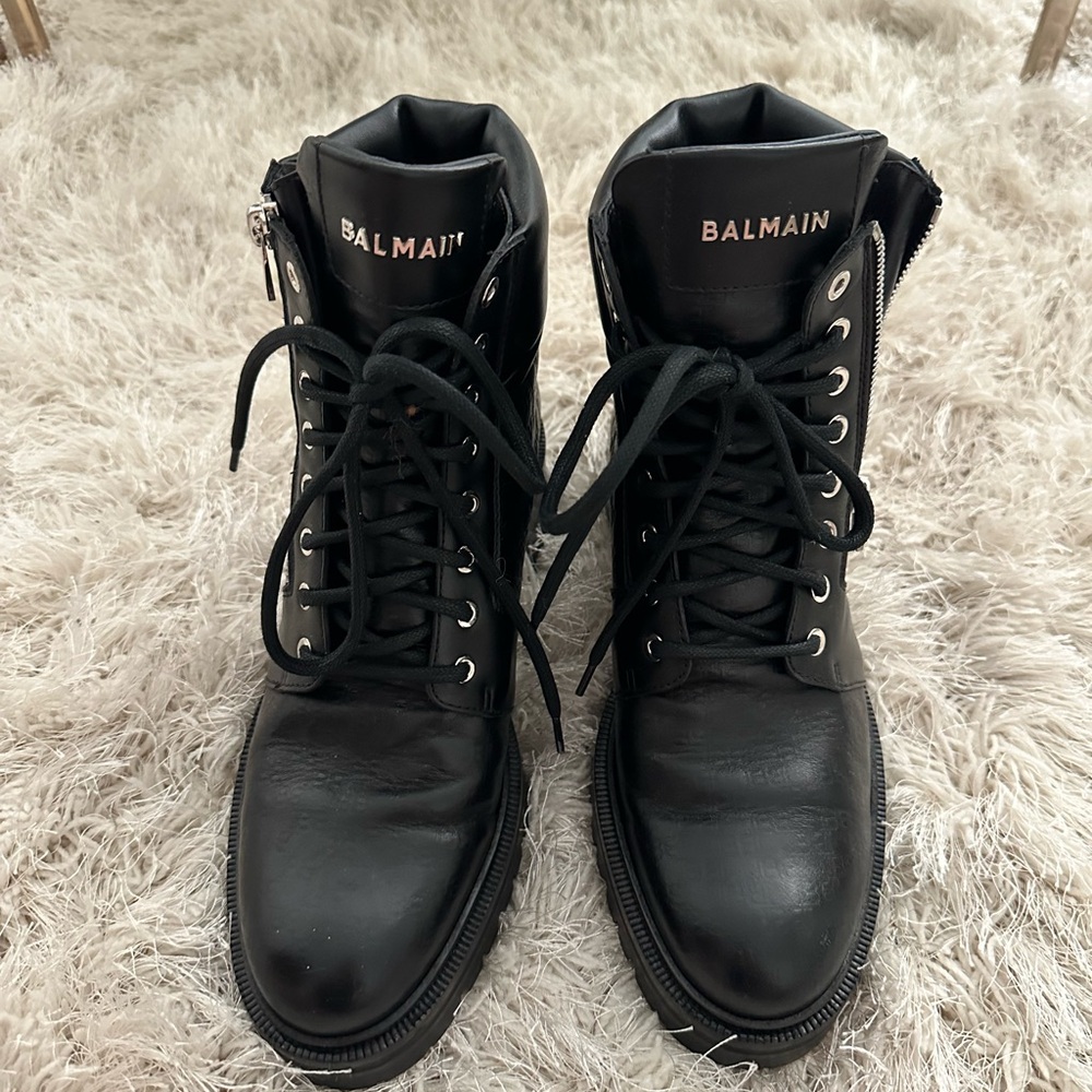 Balmaim Ranger Monogram Leather Combat Ankle Boot Logo Zip. Great condition.